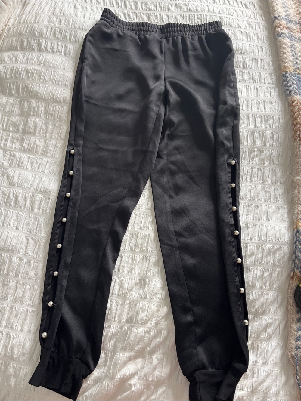 Joseph Ribkoff Black Satin Jogger Style Pants with Pearl Side Buttons
